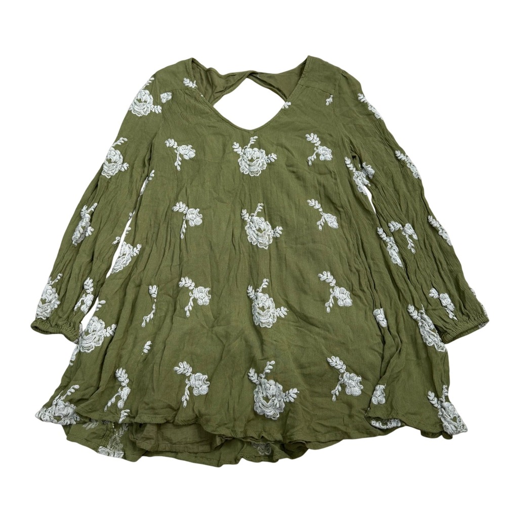 Free People Embroidered Tunic Top Womens Small Olive Green Oversized Boho Fairy